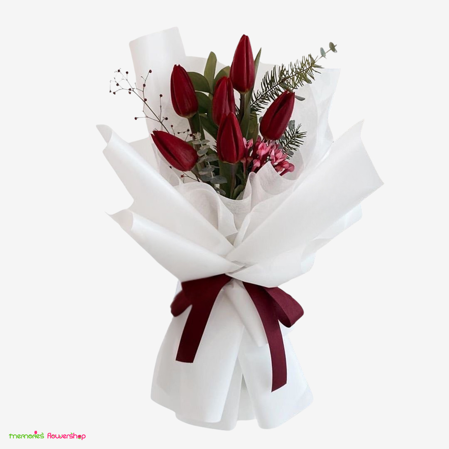 ELEGANCIA ETERNA: Seis tulipanes, sinónimo de gracia atemporal, armonizados con complementos selectos. La sencillez sofisticada en su máxima expresión. Ramo ELEGANCIA ETERNA - 6 tulipanes frescos con complementos elegantes - Ramo fino El Salvador