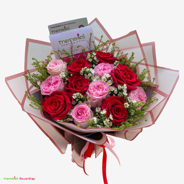 Ramo HARMONIE - Ramo bicolor de rosas rojas y rosadas con montecasino y lepidium - Florería El Salvador